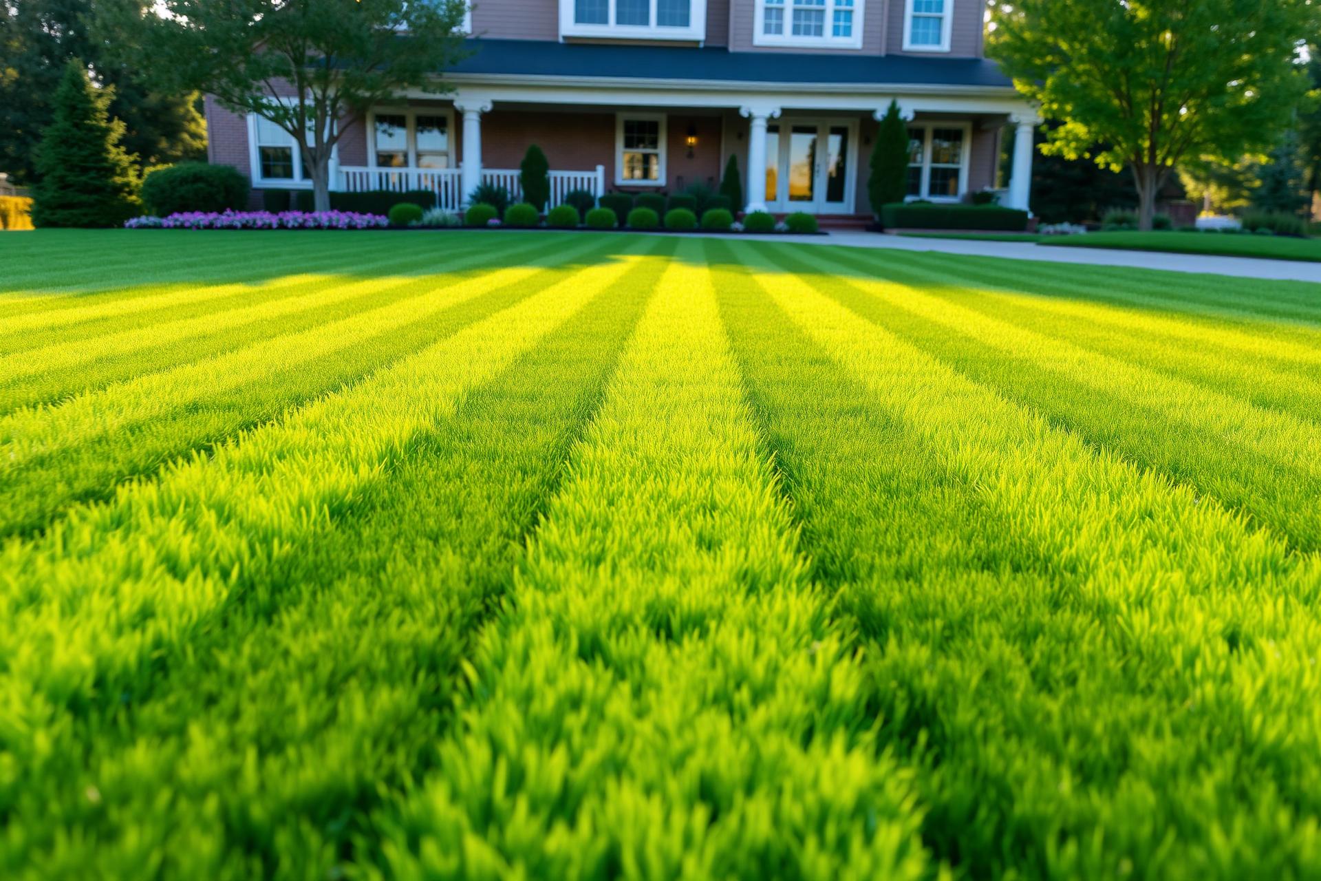 Freshly mowed green lawn with clean stripes in front of a beautiful home